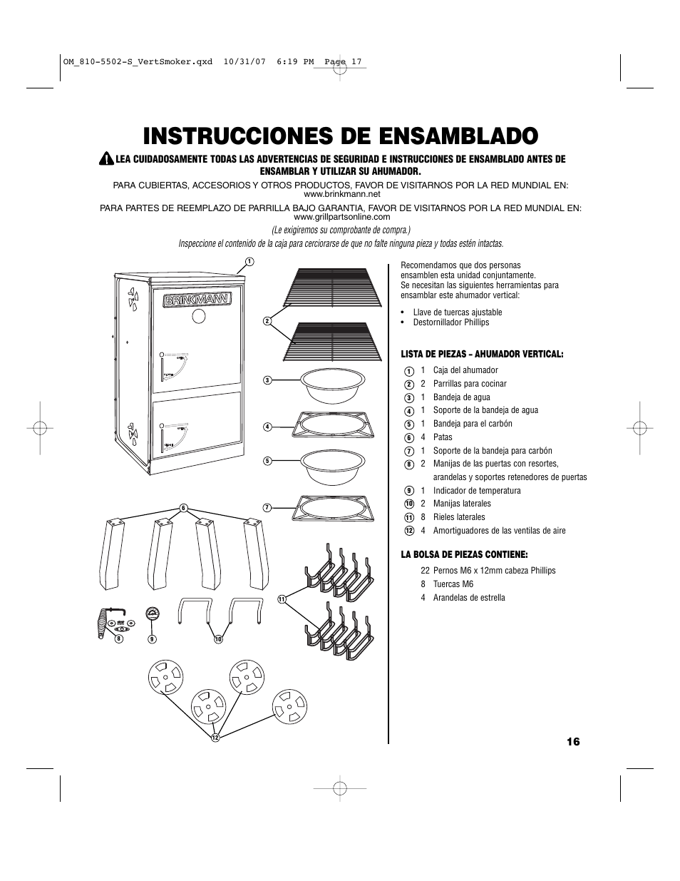 Instrucciones de ensamblado | Brinkmann 810-5502-S User Manual | Page 17 / 28
