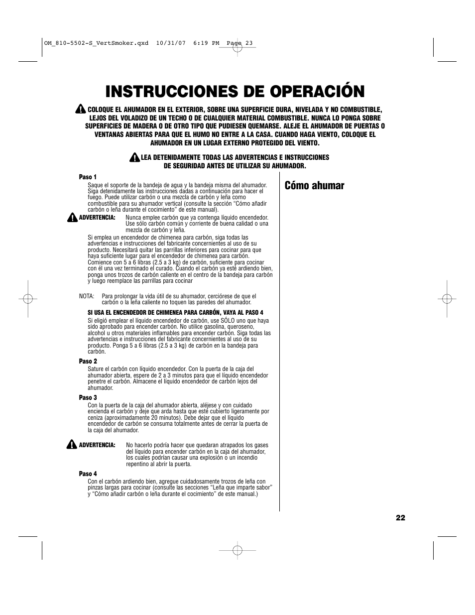 Instrucciones de operación, Cómo ahumar | Brinkmann 810-5502-S User Manual | Page 23 / 28