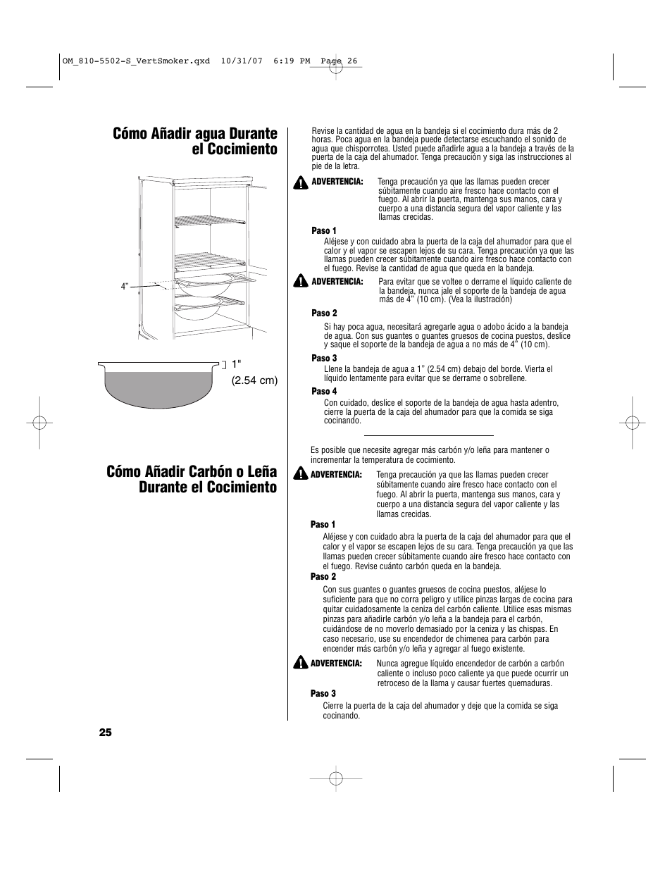 Cómo añadir agua durante el cocimiento, Cómo añadir carbón o leña durante el cocimiento | Brinkmann 810-5502-S User Manual | Page 26 / 28