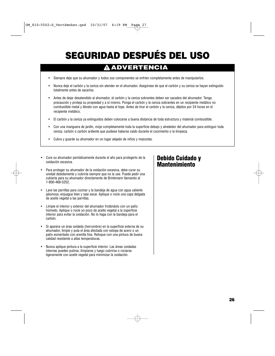 Seguridad después del uso, Debido cuidado y mantenimiento, Advertencia | Brinkmann 810-5502-S User Manual | Page 27 / 28