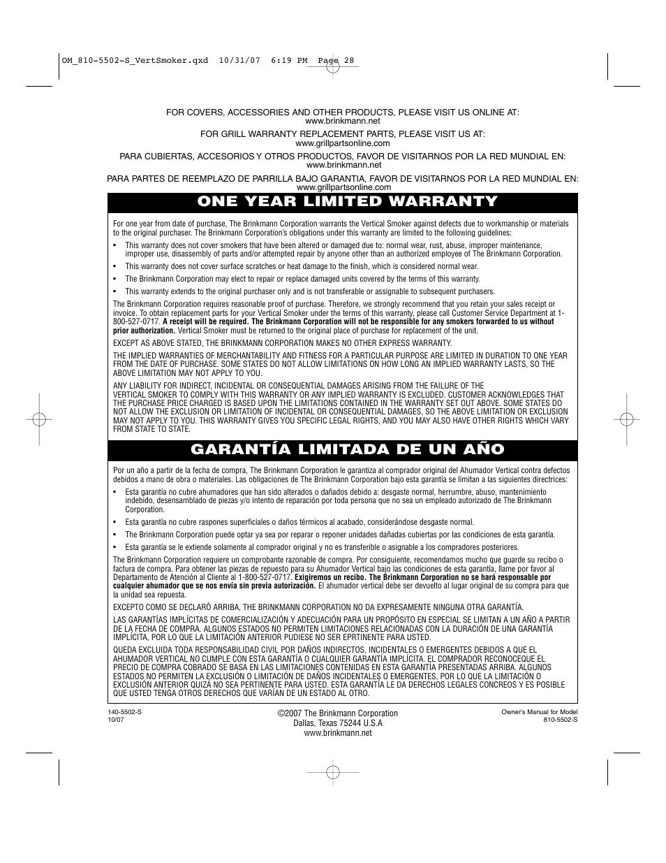 One year limited warranty, Garantía limitada de un año | Brinkmann 810-5502-S User Manual | Page 28 / 28