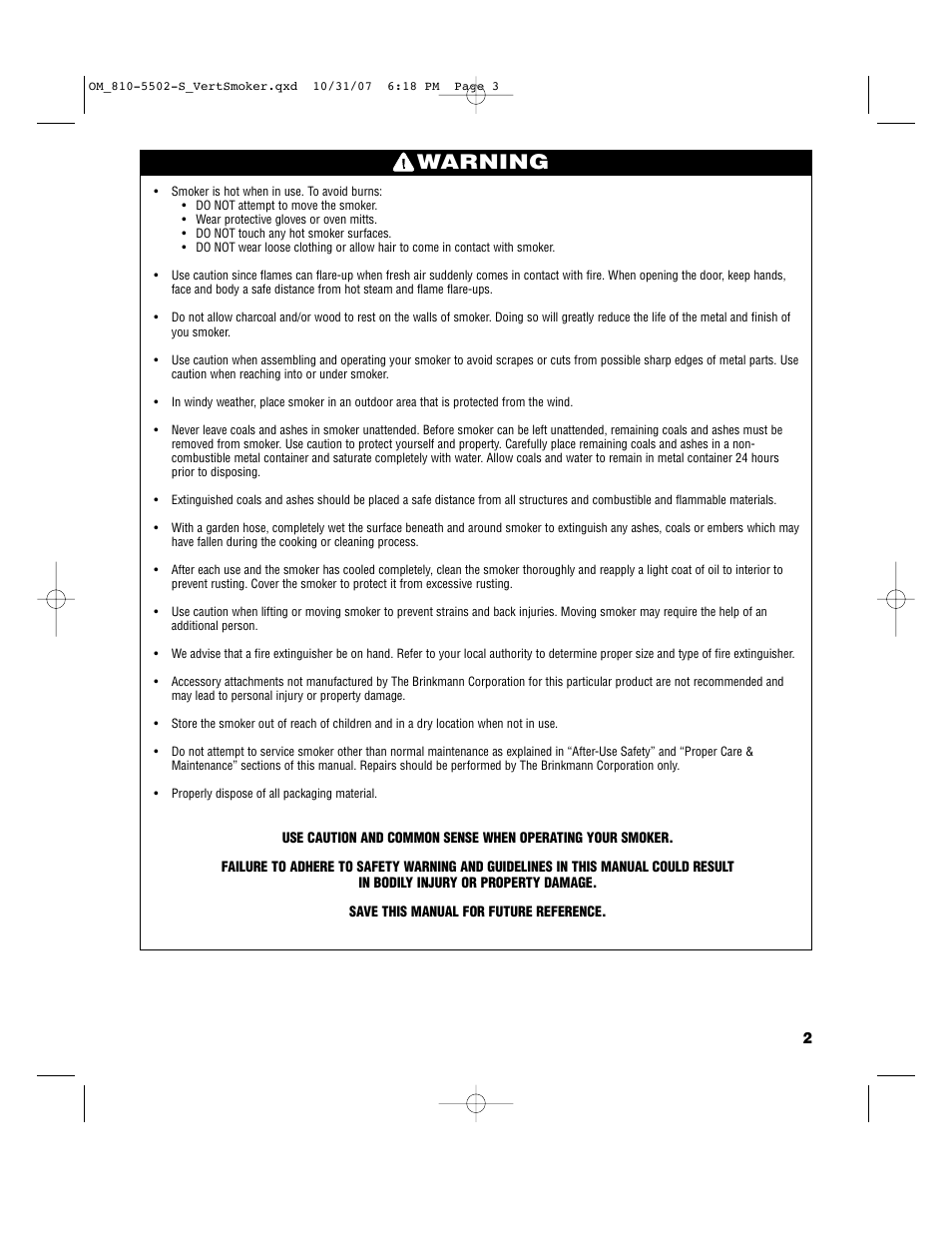 Warning | Brinkmann 810-5502-S User Manual | Page 3 / 28