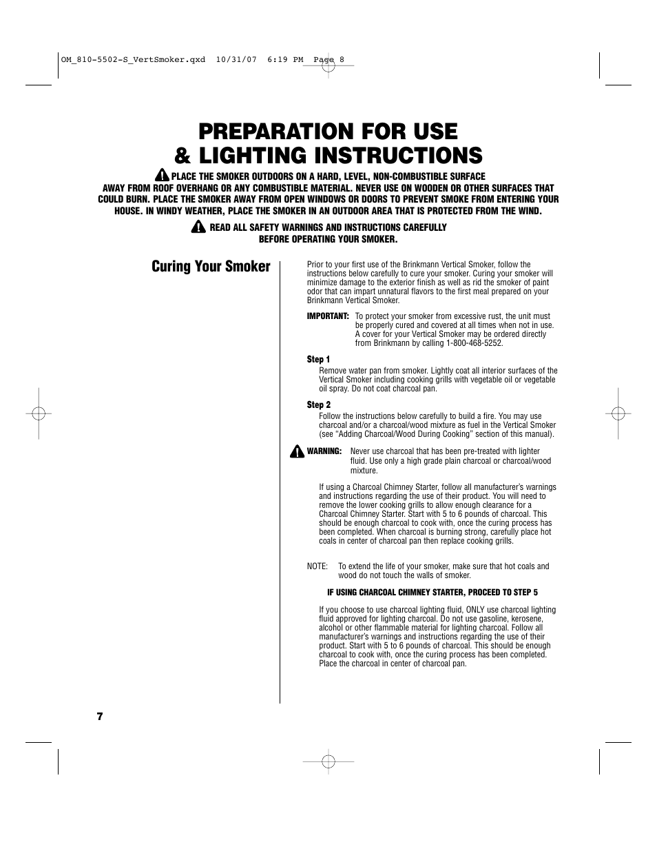 Preparation for use & lighting instructions, Curing your smoker | Brinkmann 810-5502-S User Manual | Page 8 / 28