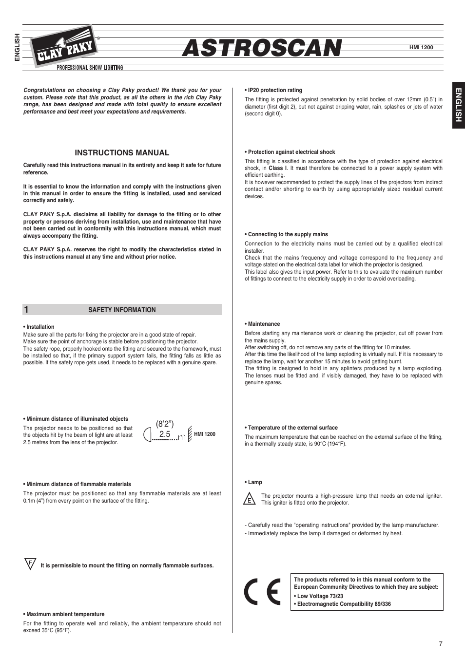 Clay Paky ASTROSCAN (HMI 1200) User Manual | 6 pages