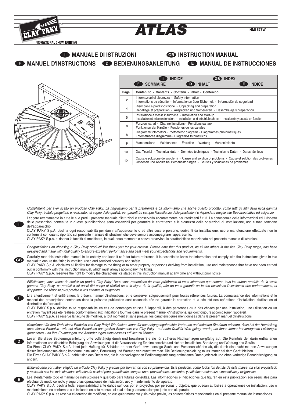 Clay Paky ATLAS (HMI 575W) User Manual | 12 pages