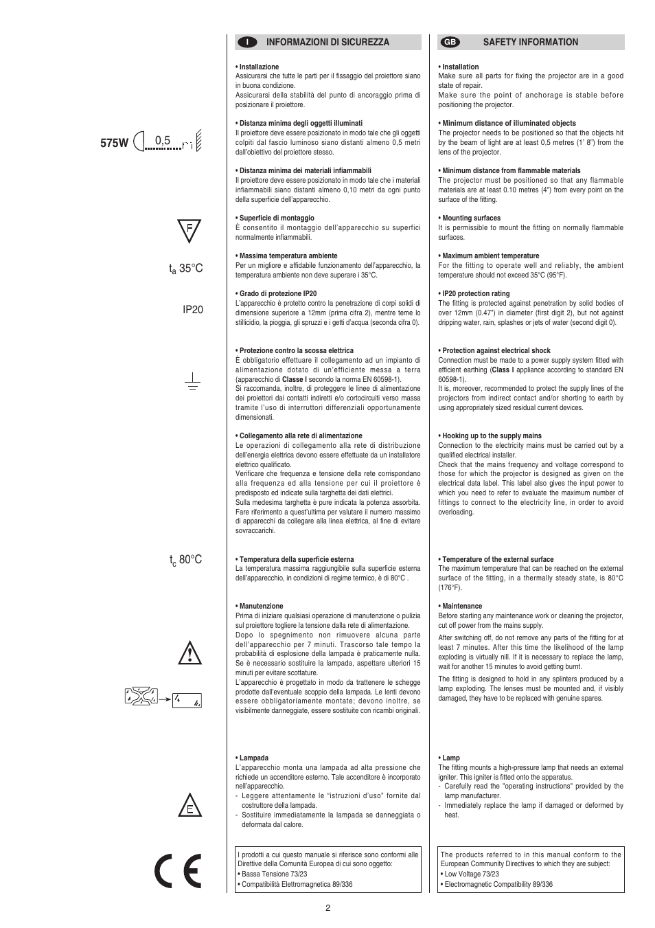 35°c, 80°c, Ip20 | Clay Paky ATLAS (HMI 575W) User Manual | Page 2 / 12