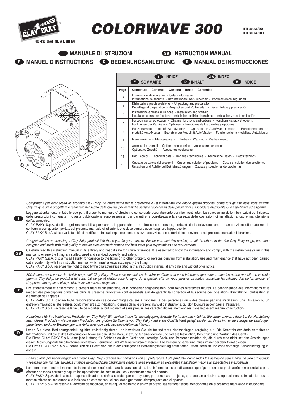 Clay Paky COLORWAVE 300 (HTI 300W/DEL) User Manual | 16 pages