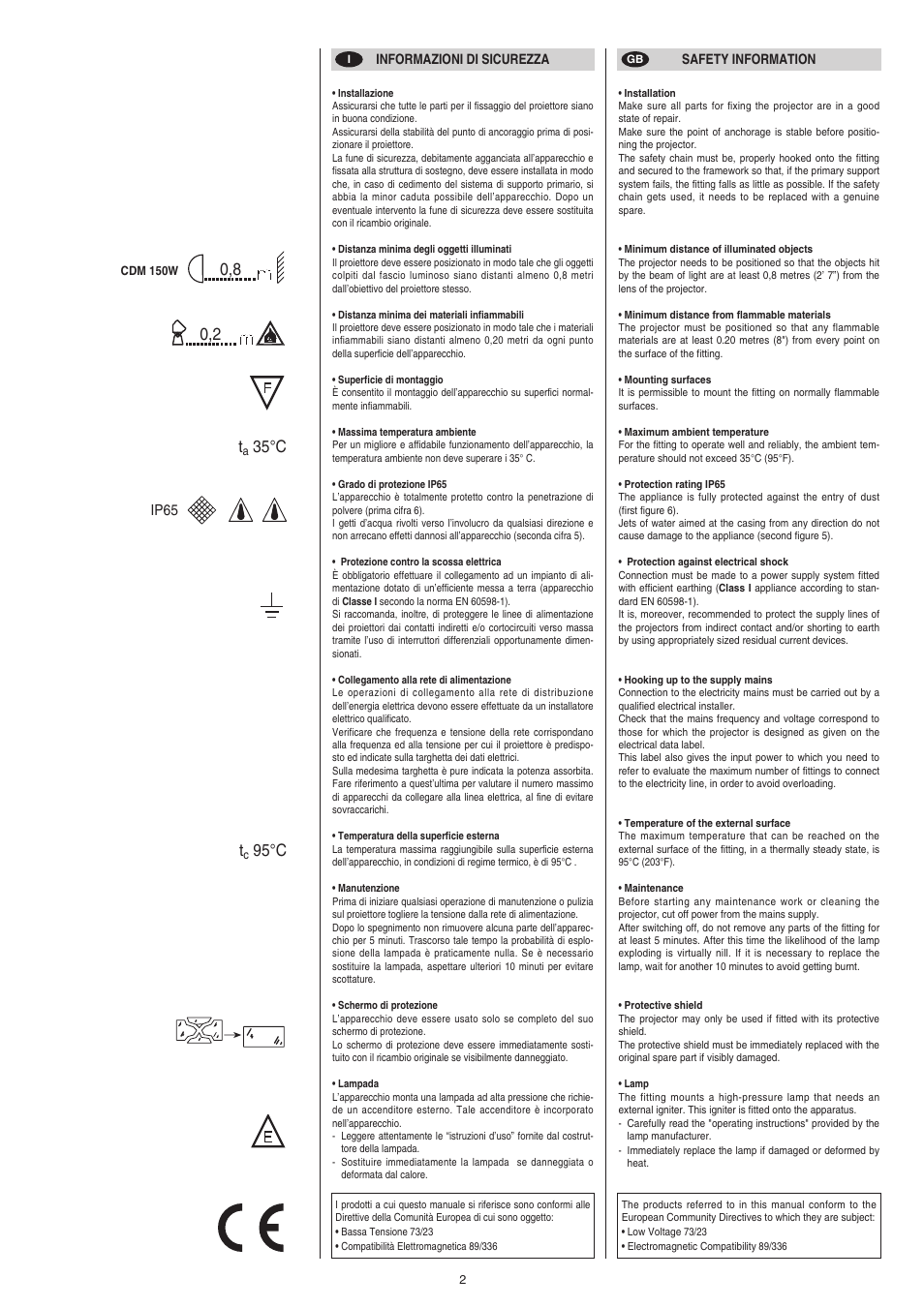 0,2 t, 35 °c t, 95 °c | Clay Paky CP COLOR 150-E (CDM 150W) User Manual | Page 2 / 20