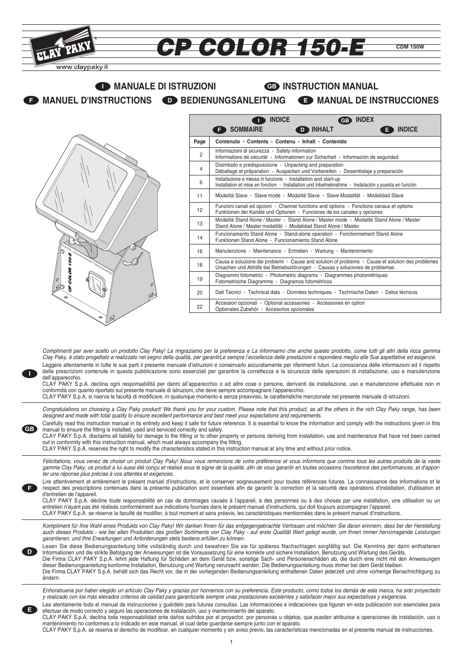 Clay Paky CP COLOR 150-E (CDM 150W) User Manual | 24 pages