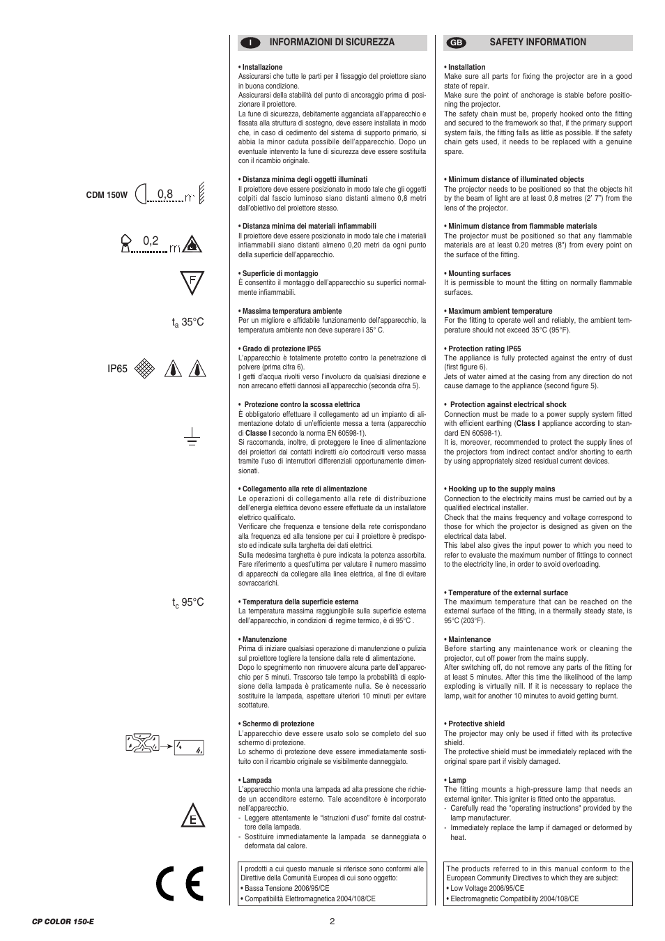 35°c t, 95°c | Clay Paky CP COLOR 150-E (CDM 150W) User Manual | Page 2 / 24