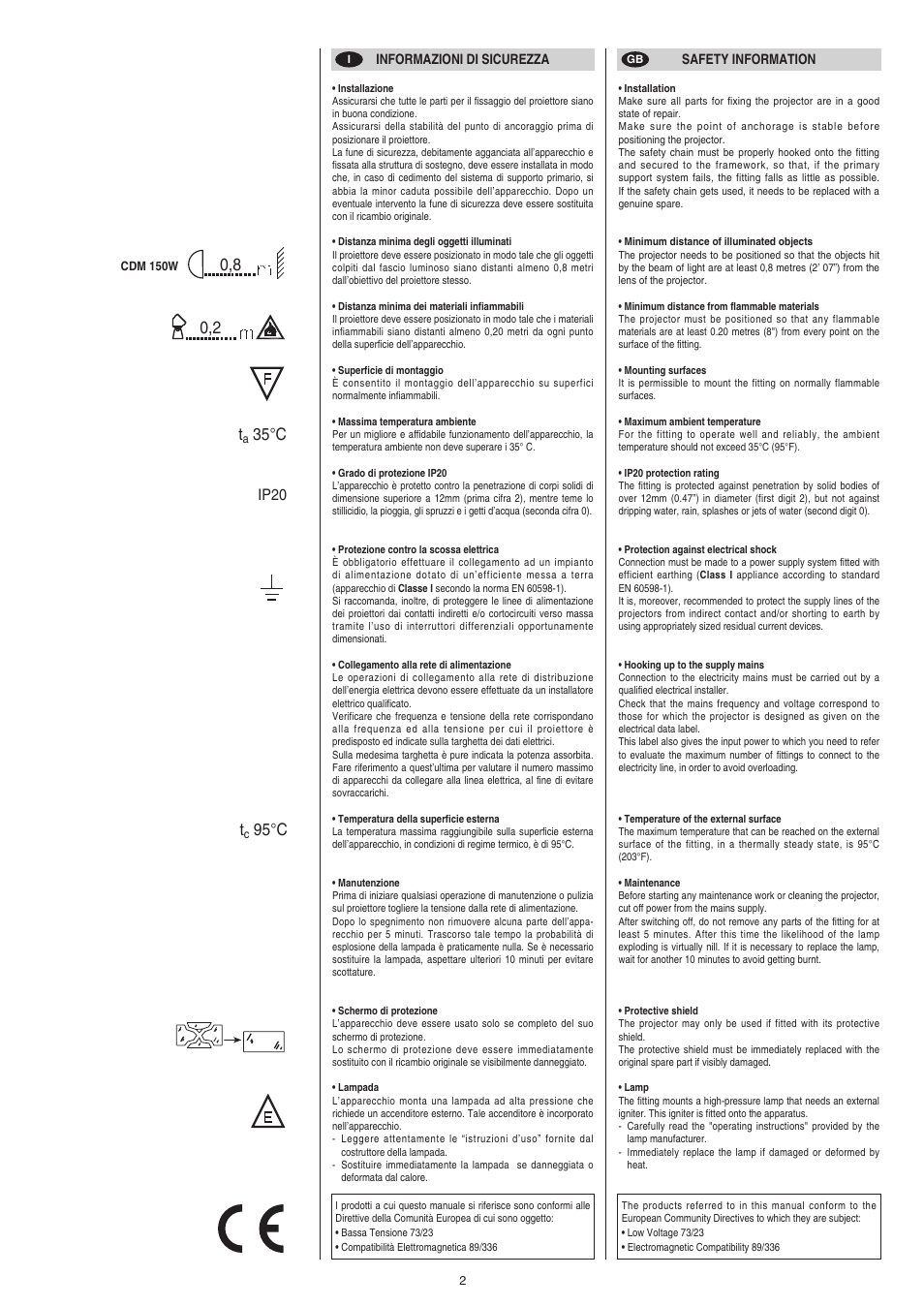 0,2 t, 35 ° c t, 95 ° c | Ip20 | Clay Paky CP COLOR 150 (CDM 150W) User Manual | Page 2 / 17