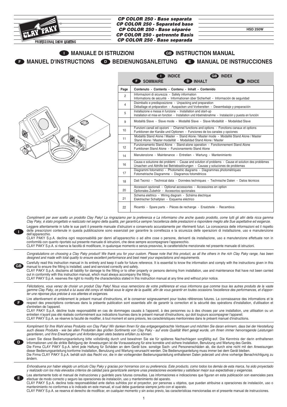 Clay Paky CP COLOR 250 (HSD 250W) User Manual | 18 pages
