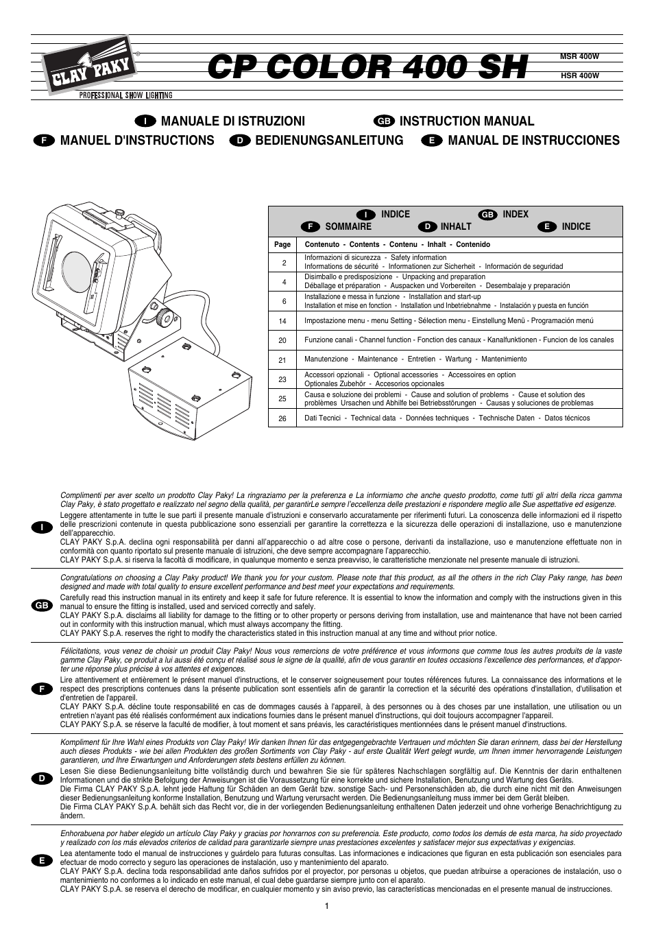Clay Paky CP COLOR 400 SH (HSR 400W) User Manual | 28 pages