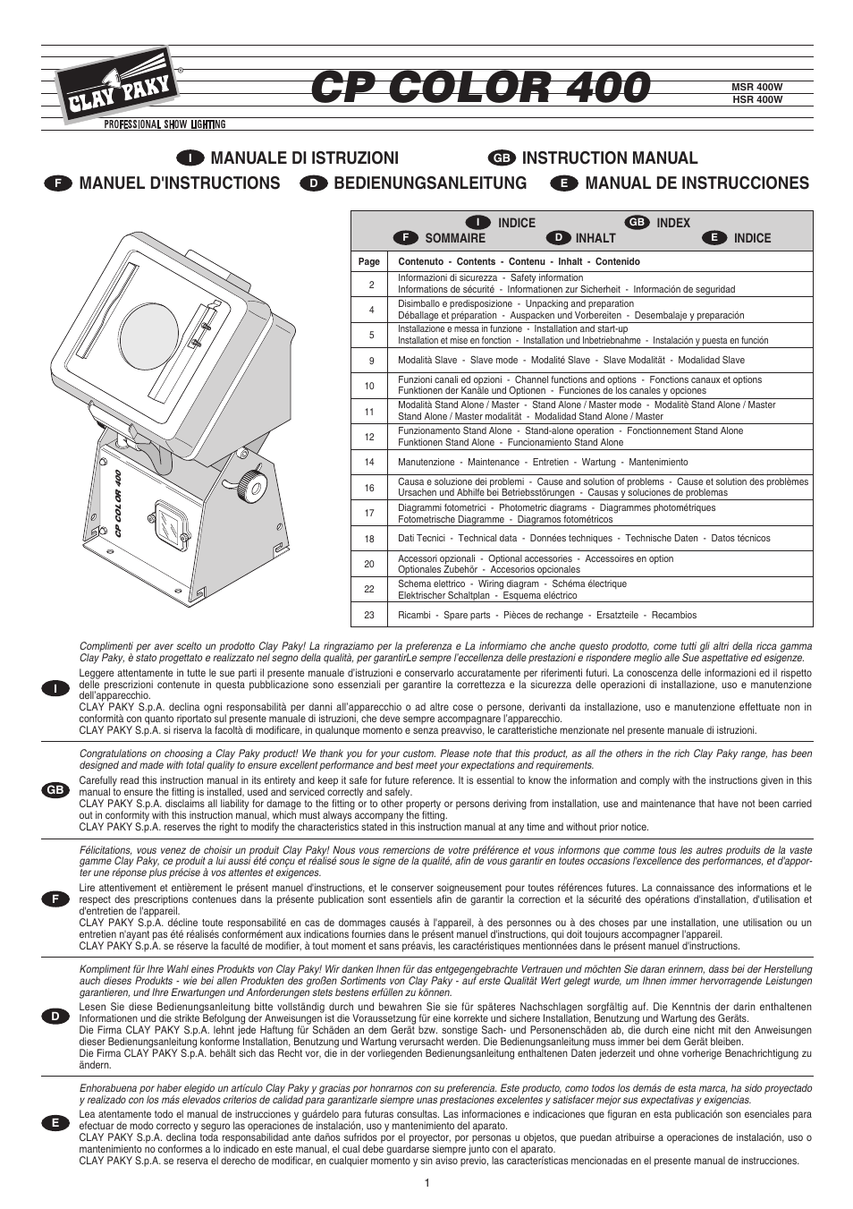 Clay Paky CP COLOR 400 (HSR 400W) User Manual | 19 pages