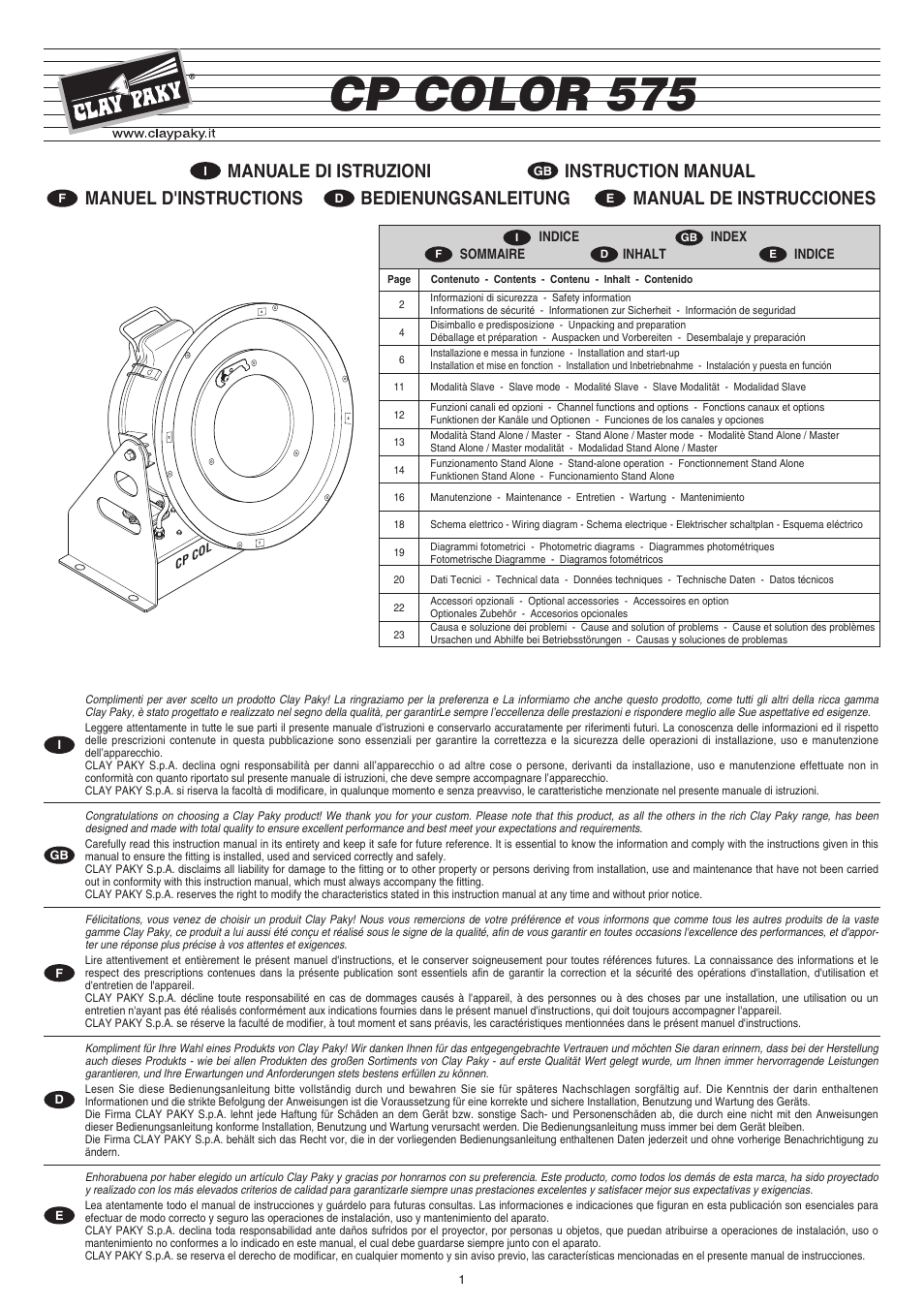Clay Paky CP COLOR 575 User Manual | 24 pages