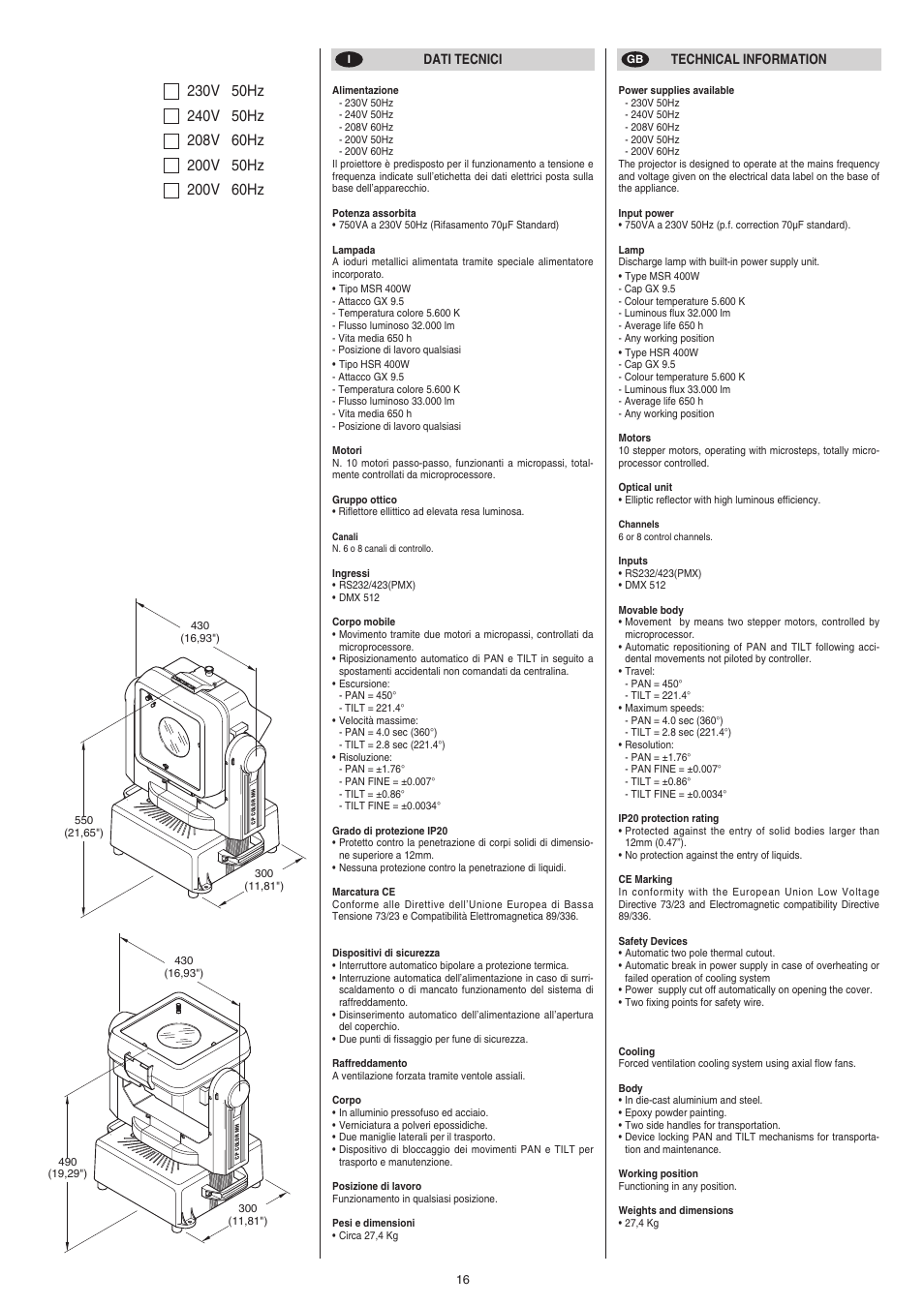 Clay Paky CP COLOR MH (HSR 400W) User Manual | Page 16 / 17