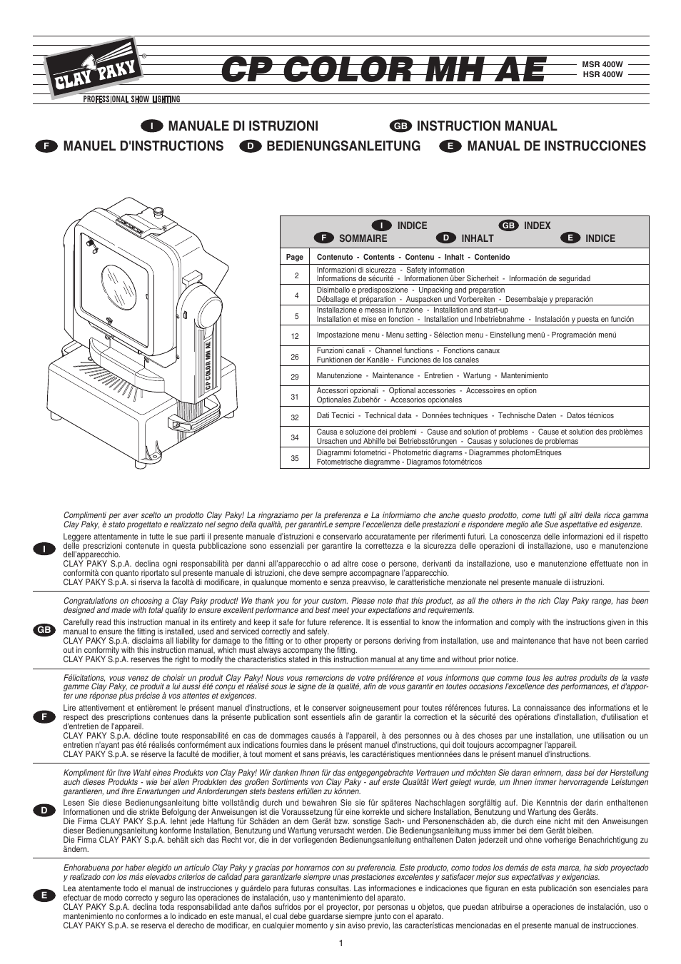 Clay Paky CP COLOR MH AE (HSR 400W) User Manual | 36 pages