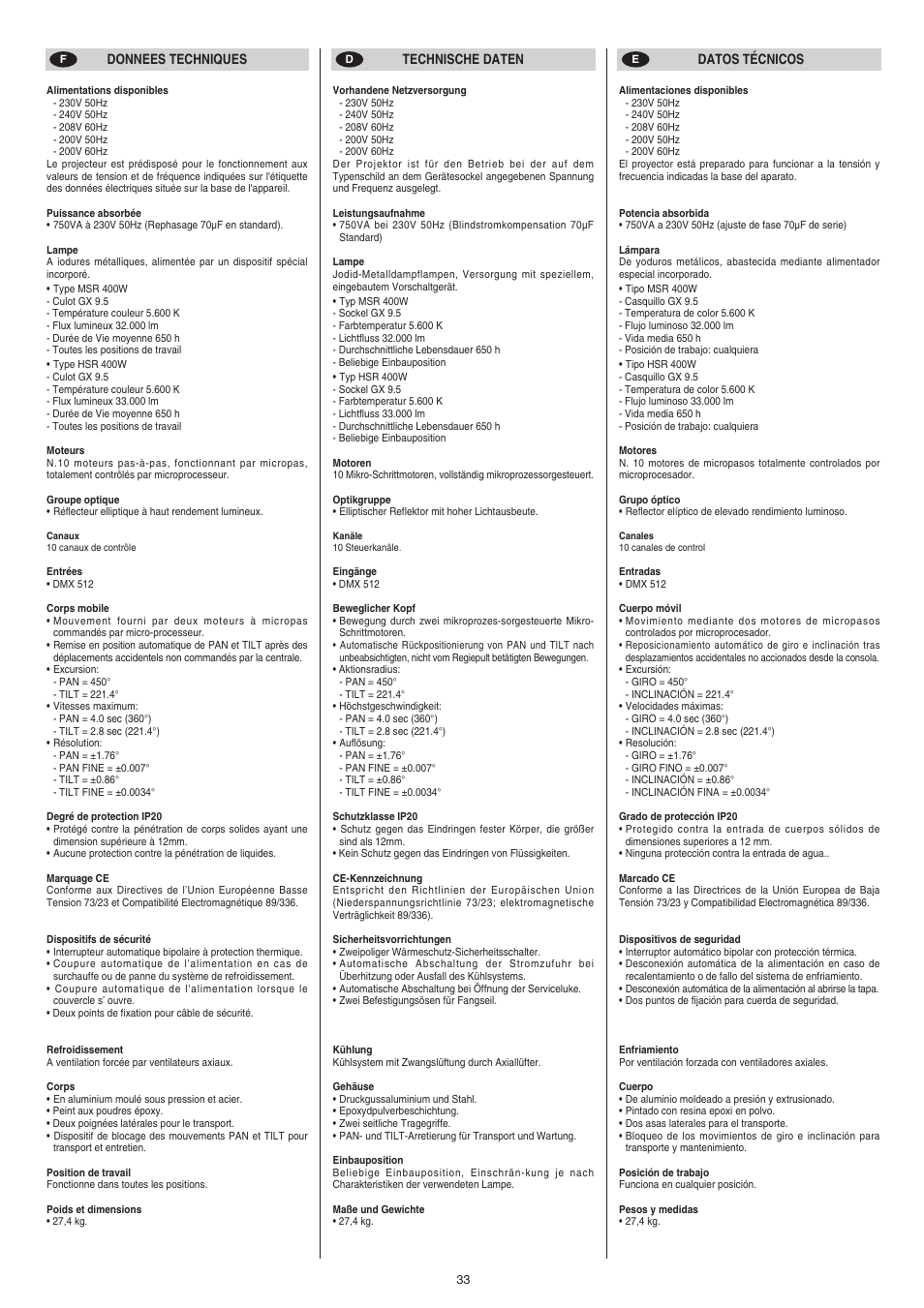 Clay Paky CP COLOR MH AE (HSR 400W) User Manual | Page 33 / 36