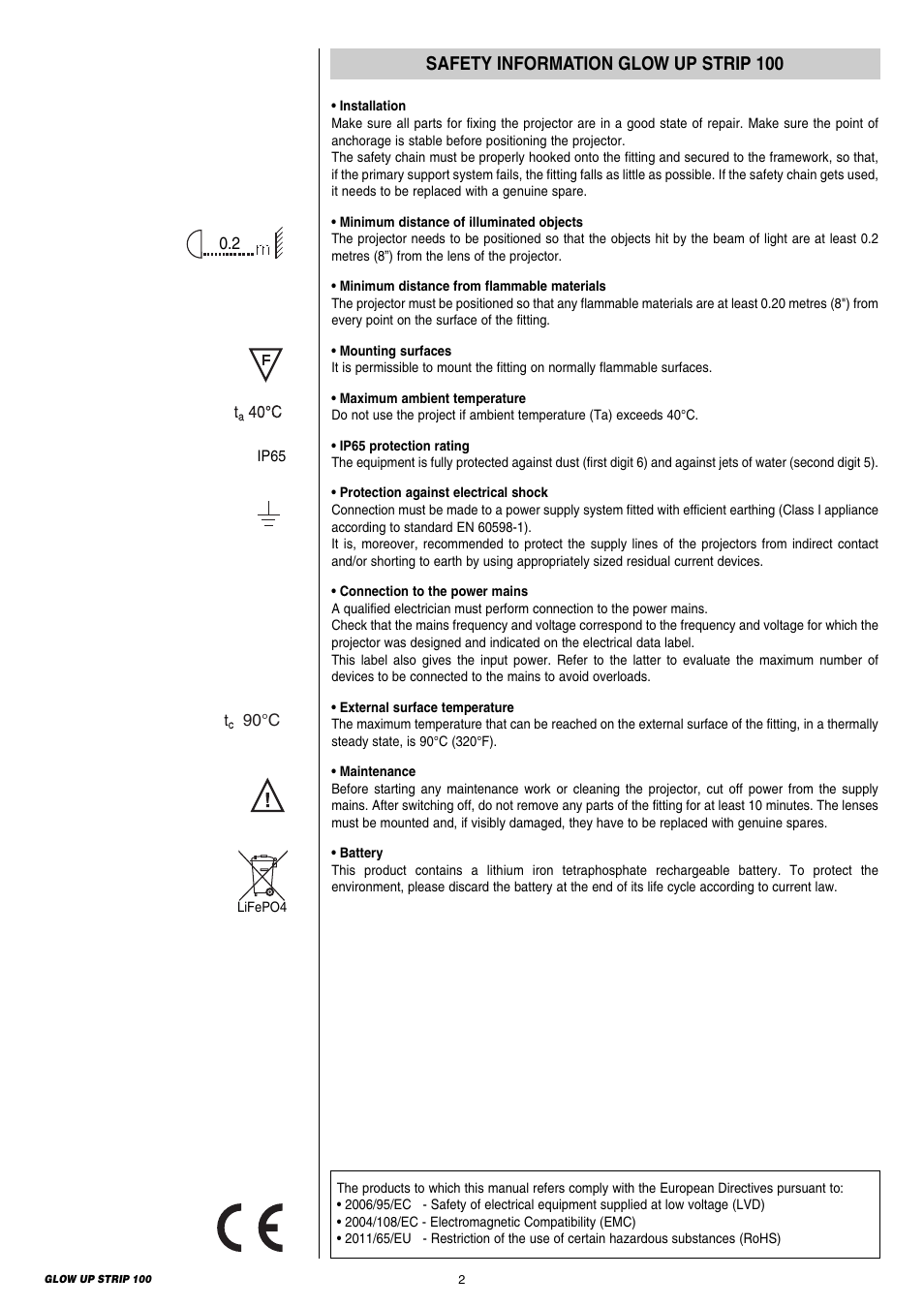 Safety information glow up strip 100 | Clay Paky GLOW UP STRIP 100 & FLIGHT CASE (F21250) User Manual | Page 2 / 28