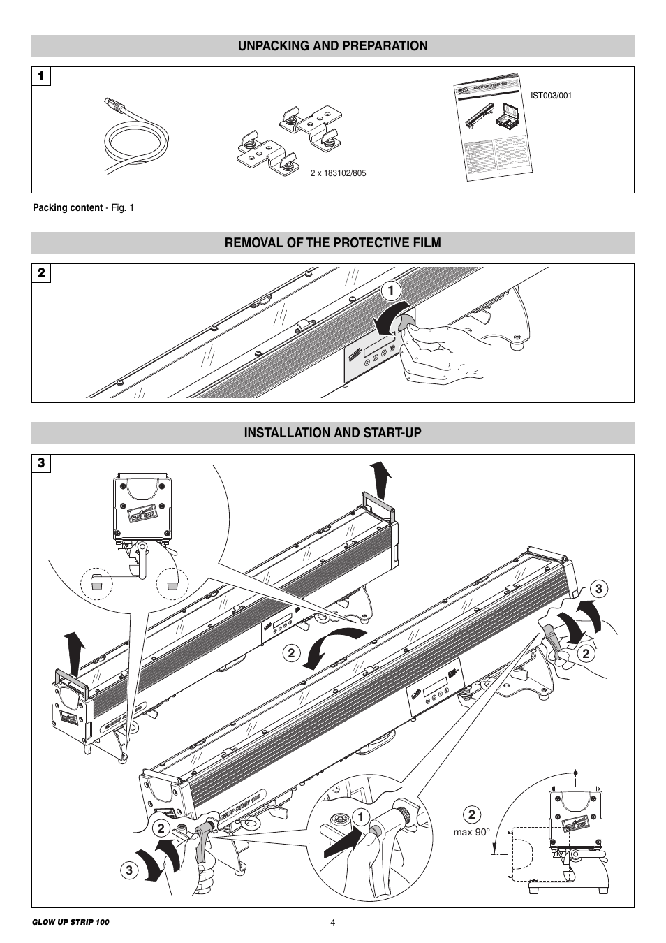 Unpacking and preparation, Removal of the protective film, 12 installation and start-up | Clay Paky GLOW UP STRIP 100 & FLIGHT CASE (F21250) User Manual | Page 4 / 28