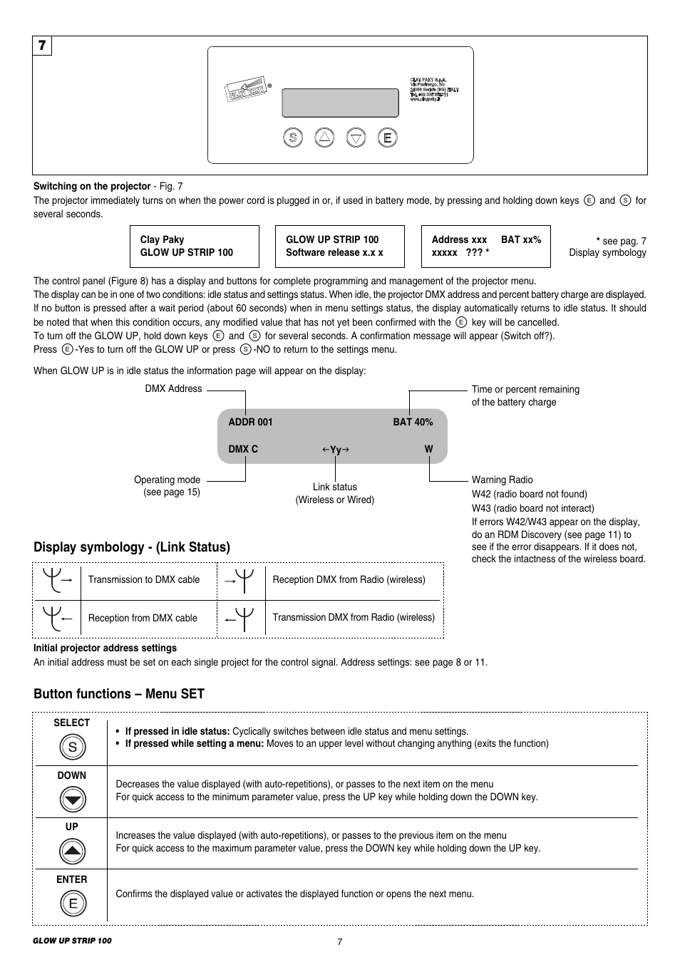 Button functions – menu set, Display symbology - (link status) | Clay Paky GLOW UP STRIP 100 & FLIGHT CASE (F21250) User Manual | Page 7 / 28