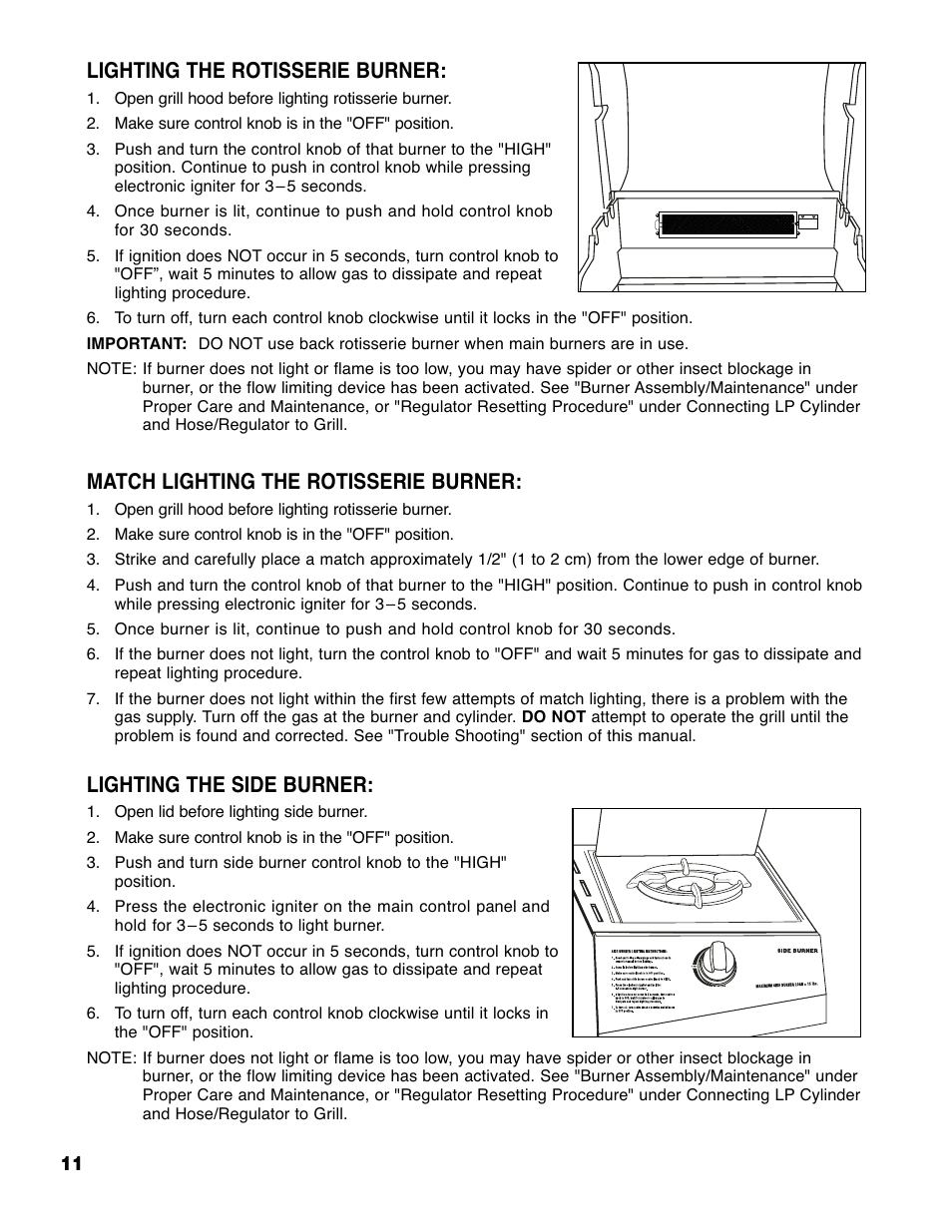 Lighting the rotisserie burner, Match lighting the rotisserie burner, Lighting the side burner | Brinkmann ProSeries 4675 User Manual | Page 12 / 36
