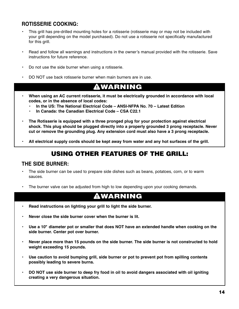 Warning, Using other features of the grill, Rotisserie cooking | The side burner | Brinkmann ProSeries 4675 User Manual | Page 15 / 36