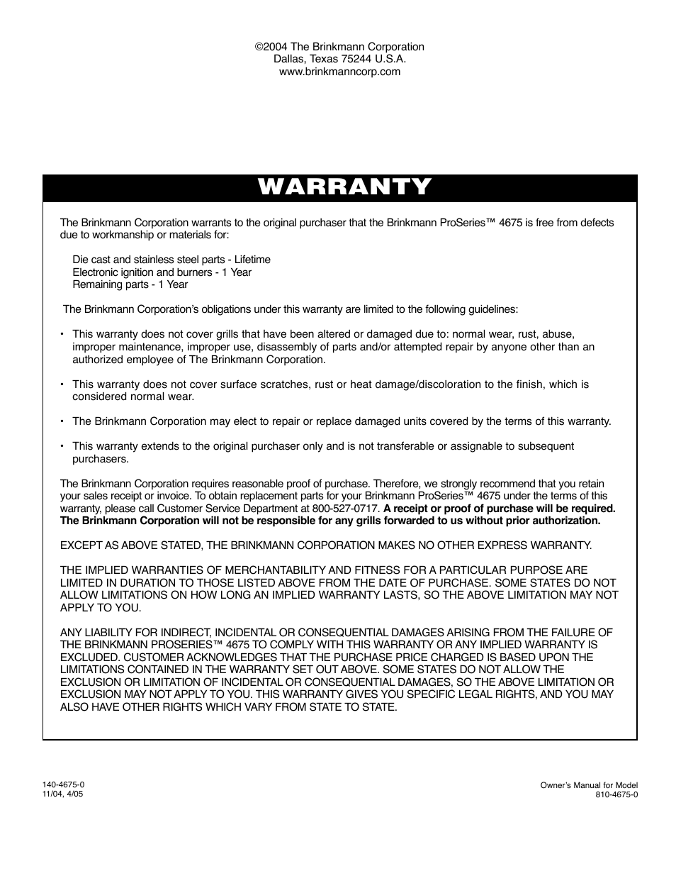 Warranty | Brinkmann ProSeries 4675 User Manual | Page 36 / 36