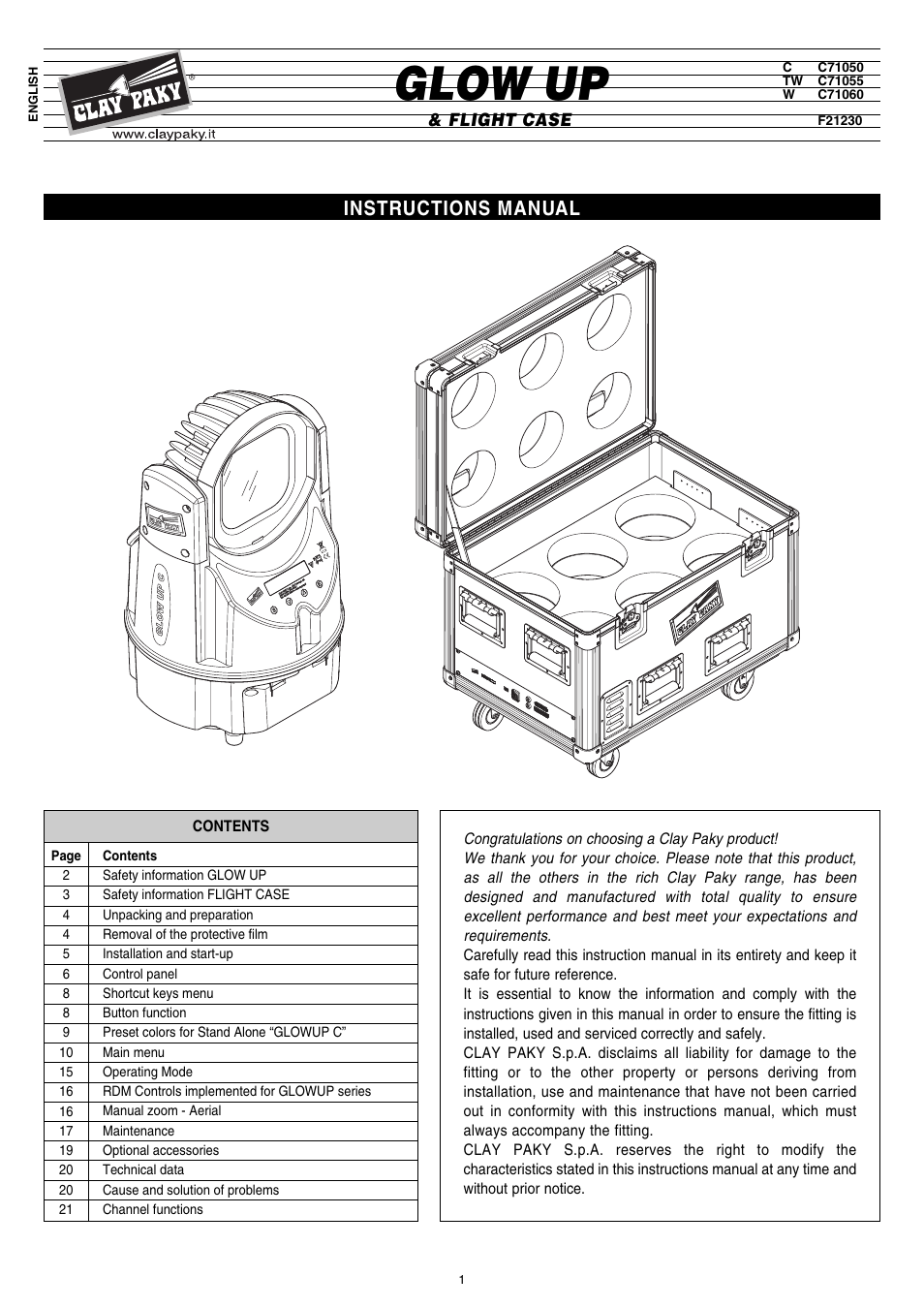 Clay Paky GLOW UP & FLIGHT CASE (F21230) User Manual | 24 pages