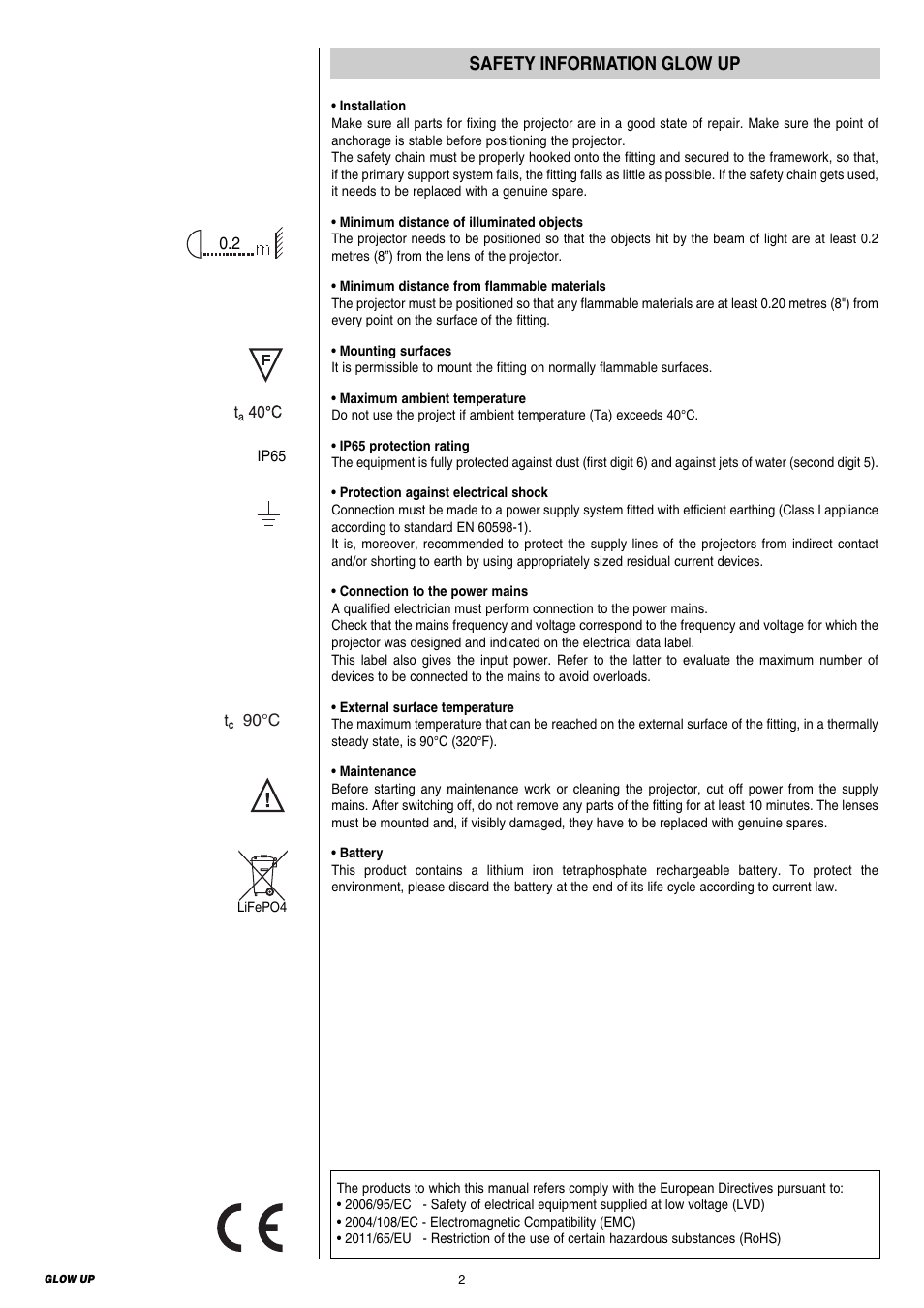 Safety information glow up | Clay Paky GLOW UP & FLIGHT CASE (F21230) User Manual | Page 2 / 24