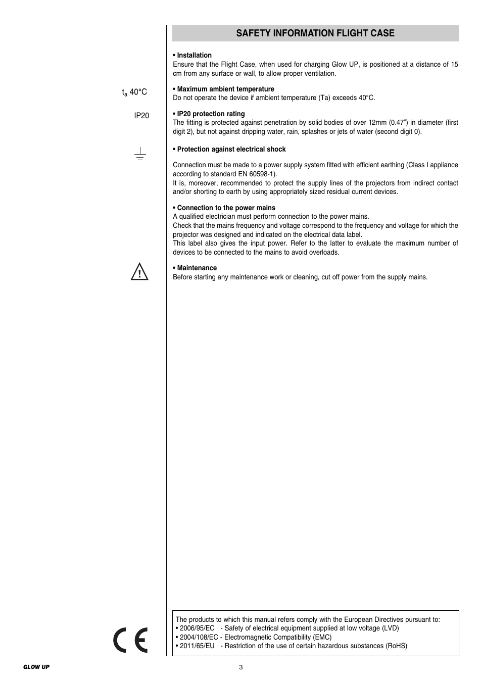 Safety information flight case | Clay Paky GLOW UP & FLIGHT CASE (F21230) User Manual | Page 3 / 24
