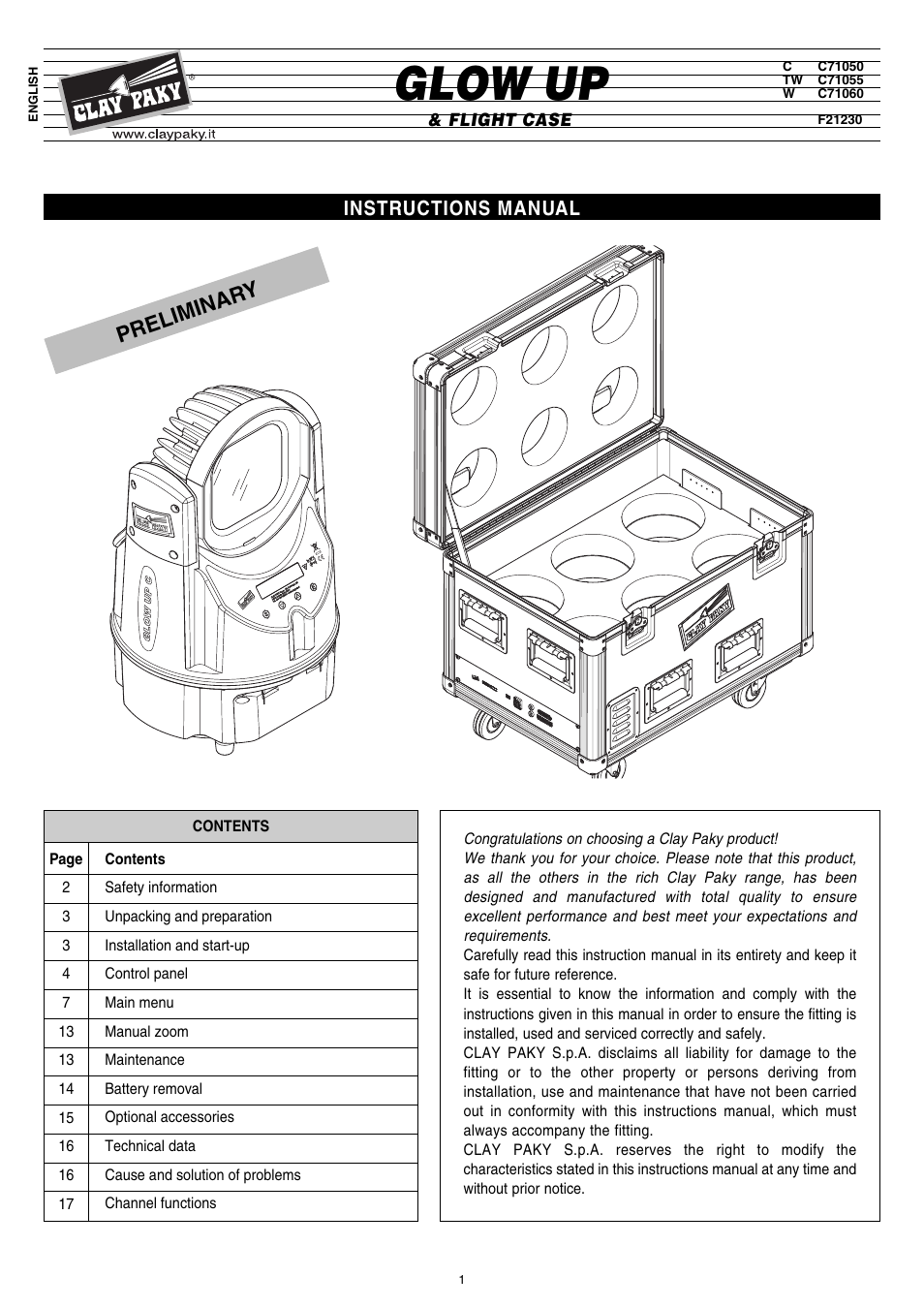 Clay Paky GLOW UP & FLIGHT CASE (F21230) PRELIMINARY User Manual | 24 pages