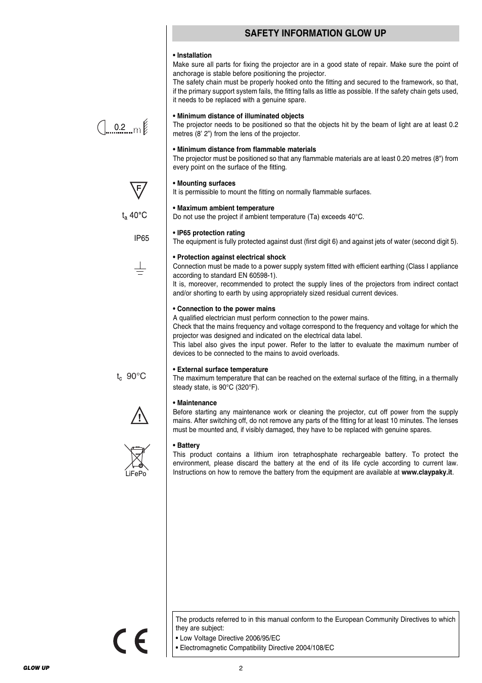 Safety information glow up | Clay Paky GLOW UP & FLIGHT CASE (F21230) PRELIMINARY User Manual | Page 2 / 24