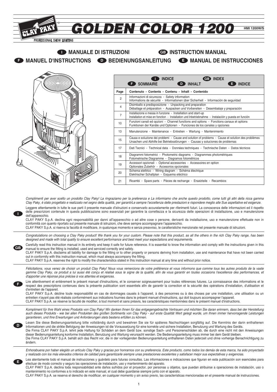 Clay Paky GOLDEN COLOR 1200 (HMI 1200W/S) User Manual | 17 pages