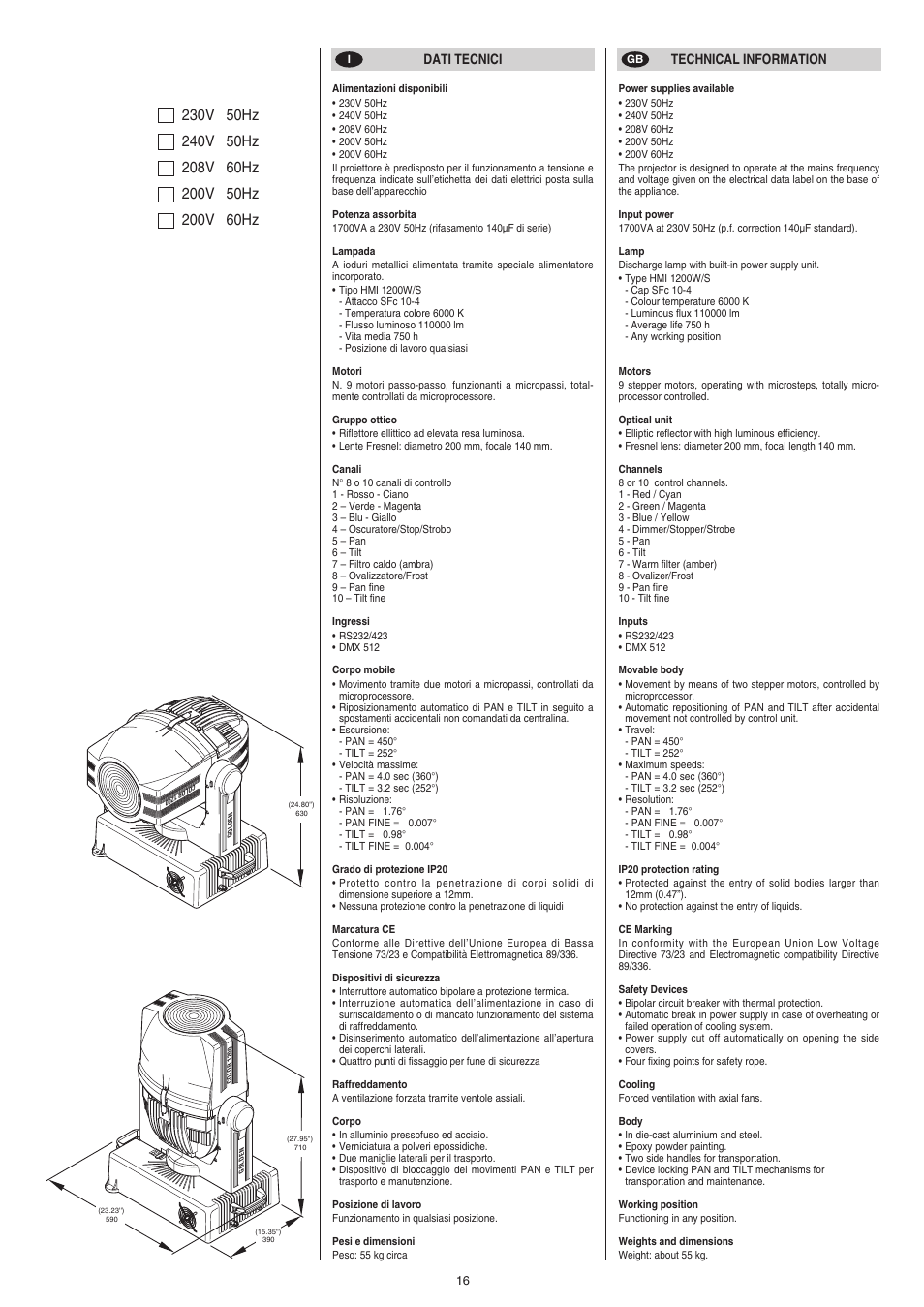 Clay Paky GOLDEN COLOR 1200 (HMI 1200W/S) User Manual | Page 16 / 17