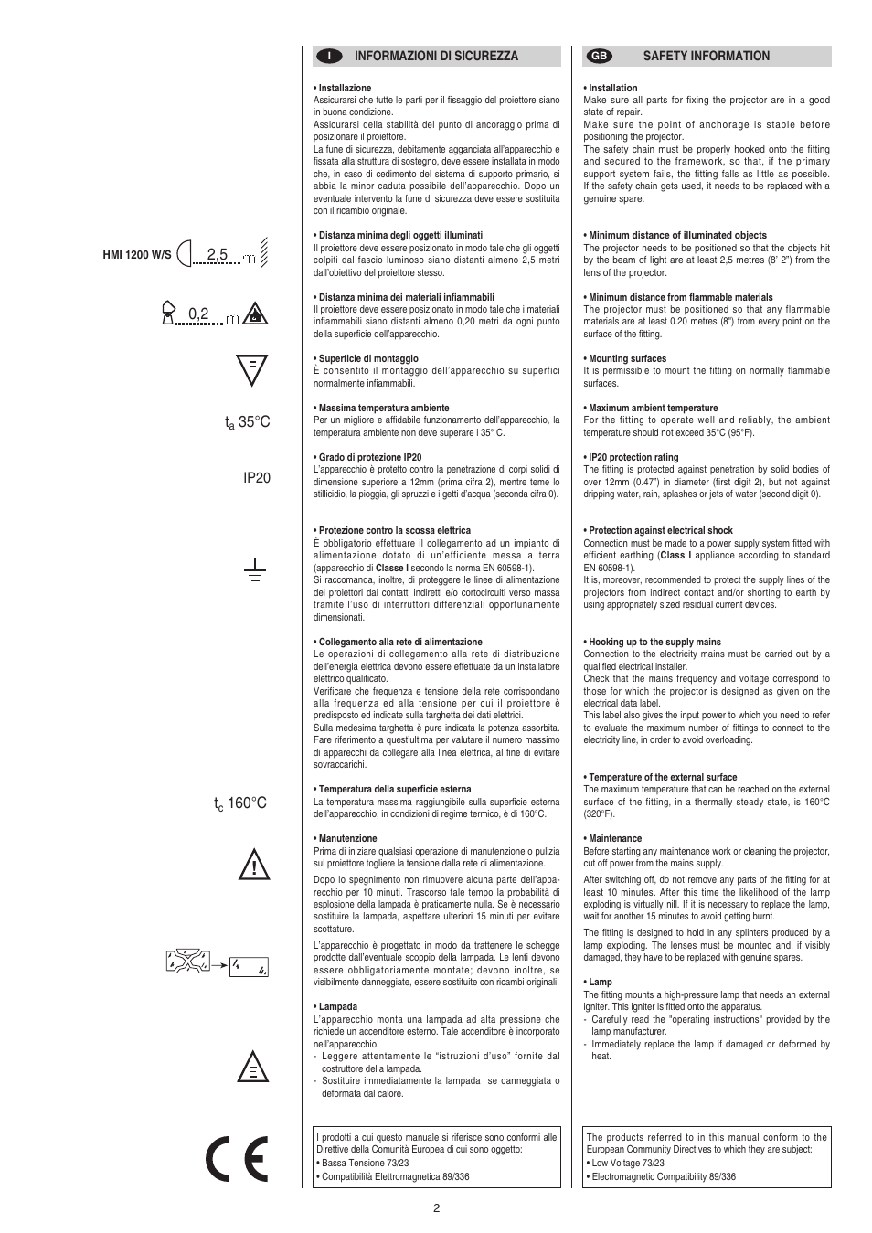 0,2 t, 35 ° c t, 160 ° c | Clay Paky GOLDEN COLOR 1200 (HMI 1200W/S) User Manual | Page 2 / 17