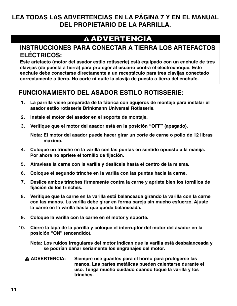 Advertencia, Funcionamiento del asador estilo rotisserie | Brinkmann Charmglow Universal Rotisserie User Manual | Page 12 / 16
