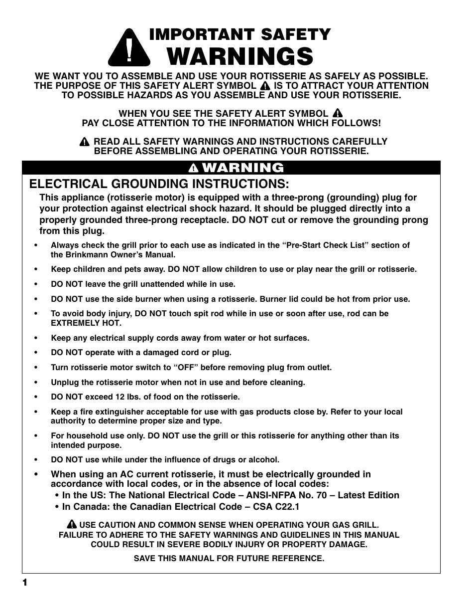 Warnings, Important safety, Warning | Electrical grounding instructions | Brinkmann Charmglow Universal Rotisserie User Manual | Page 2 / 16