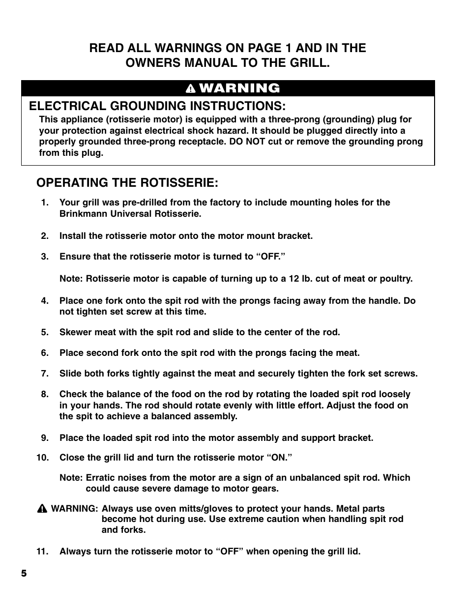 Warning, Electrical grounding instructions, Operating the rotisserie | Brinkmann Charmglow Universal Rotisserie User Manual | Page 6 / 16