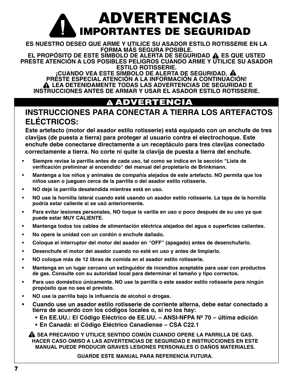 Advertencias, Importantes de seguridad, Advertencia | Brinkmann Charmglow Universal Rotisserie User Manual | Page 8 / 16