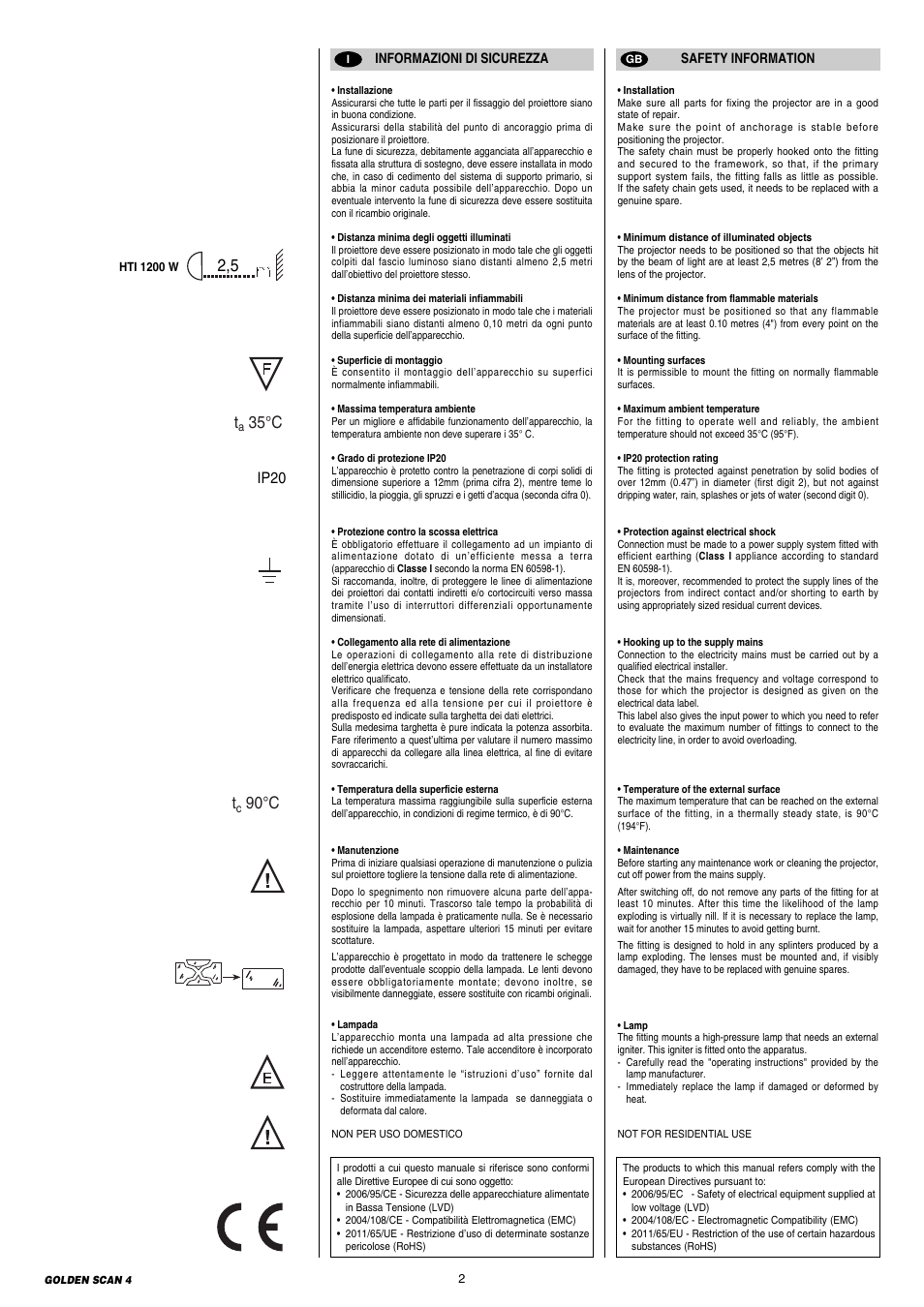 35°c t, 90 °c, Ip20 | Clay Paky GOLDEN SCAN 4 (C11072) User Manual | Page 2 / 24
