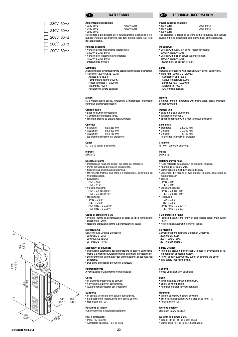 Dati tecnici technical information | Clay Paky GOLDEN SCAN 4 (C11072) User Manual | Page 22 / 24