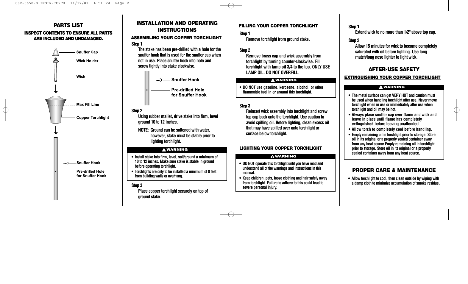 Installation and operating instructions, After-use safety proper care & maintenance, Parts list | Brinkmann 882-0650-0 User Manual | Page 2 / 2