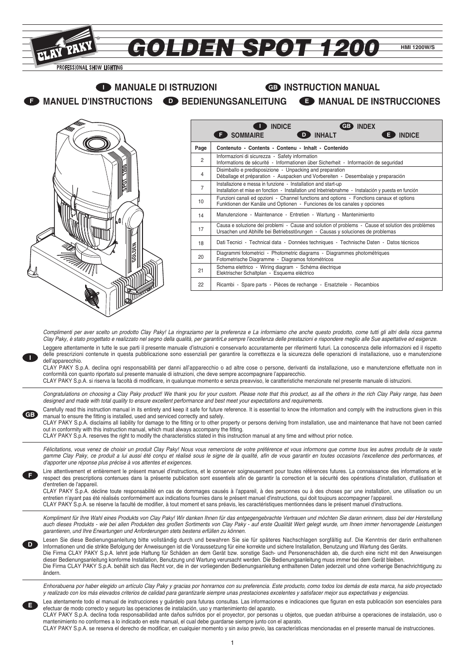 Clay Paky GOLDEN SPOT 1200 (HMI 1200W/S) User Manual | 19 pages
