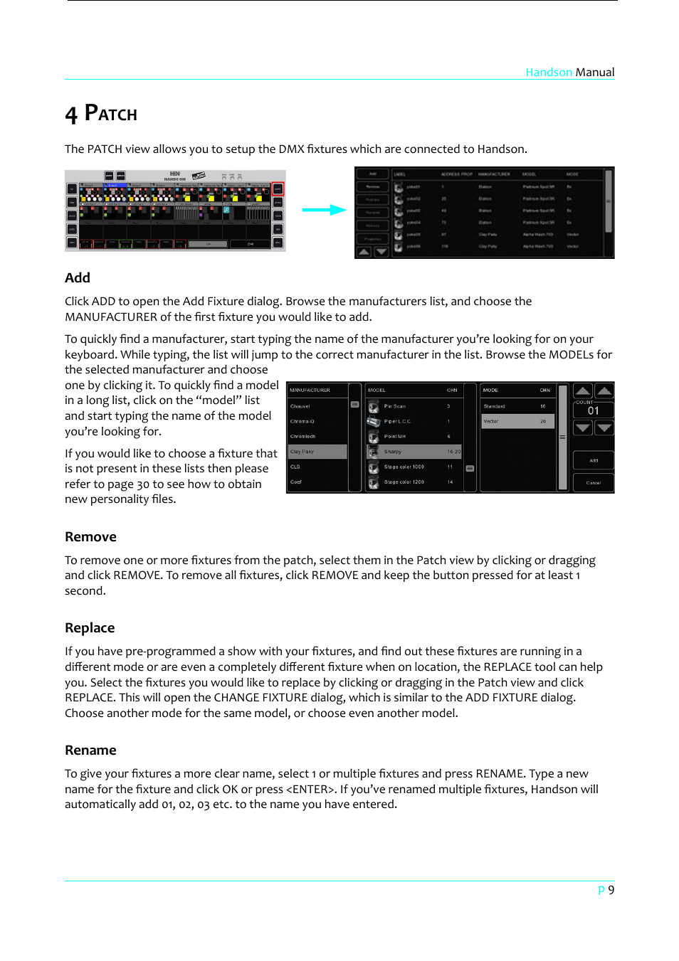 4 patch, Remove, Replace | Rename, Atch | Clay Paky HandsOn User Manual | Page 10 / 46