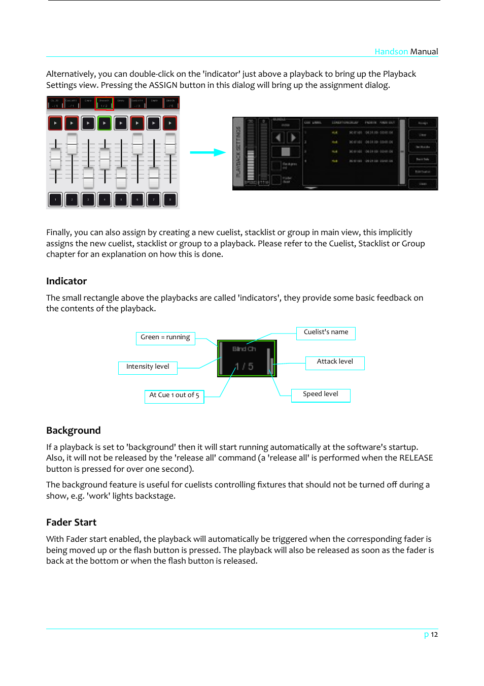 Indicator, Background, Fader start | Clay Paky HandsOn User Manual | Page 13 / 46