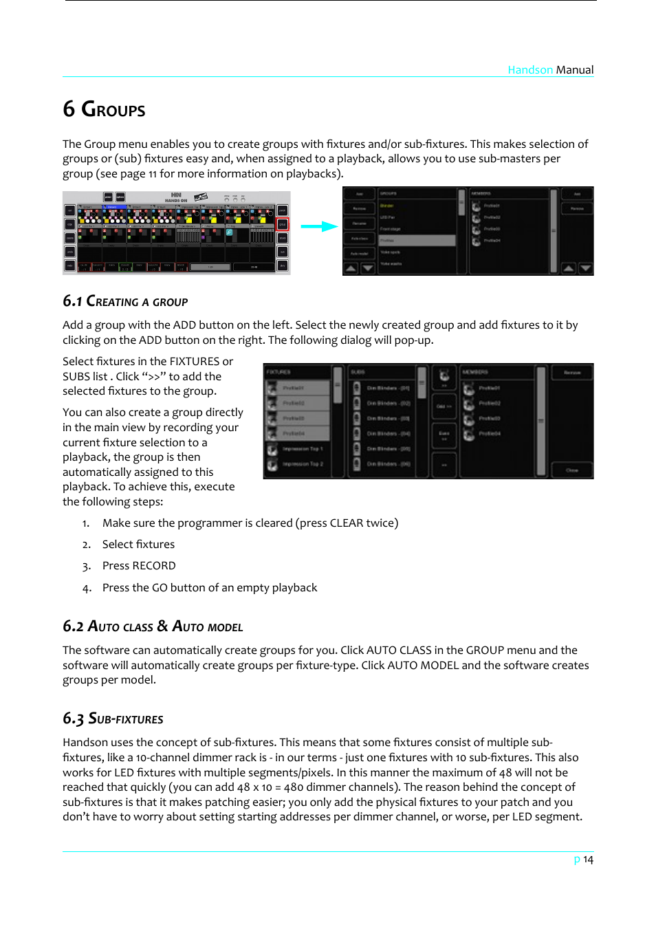 6 groups, 1 creating a group, 2 auto class & auto model | 3 sub-fixtures, Roups | Clay Paky HandsOn User Manual | Page 15 / 46