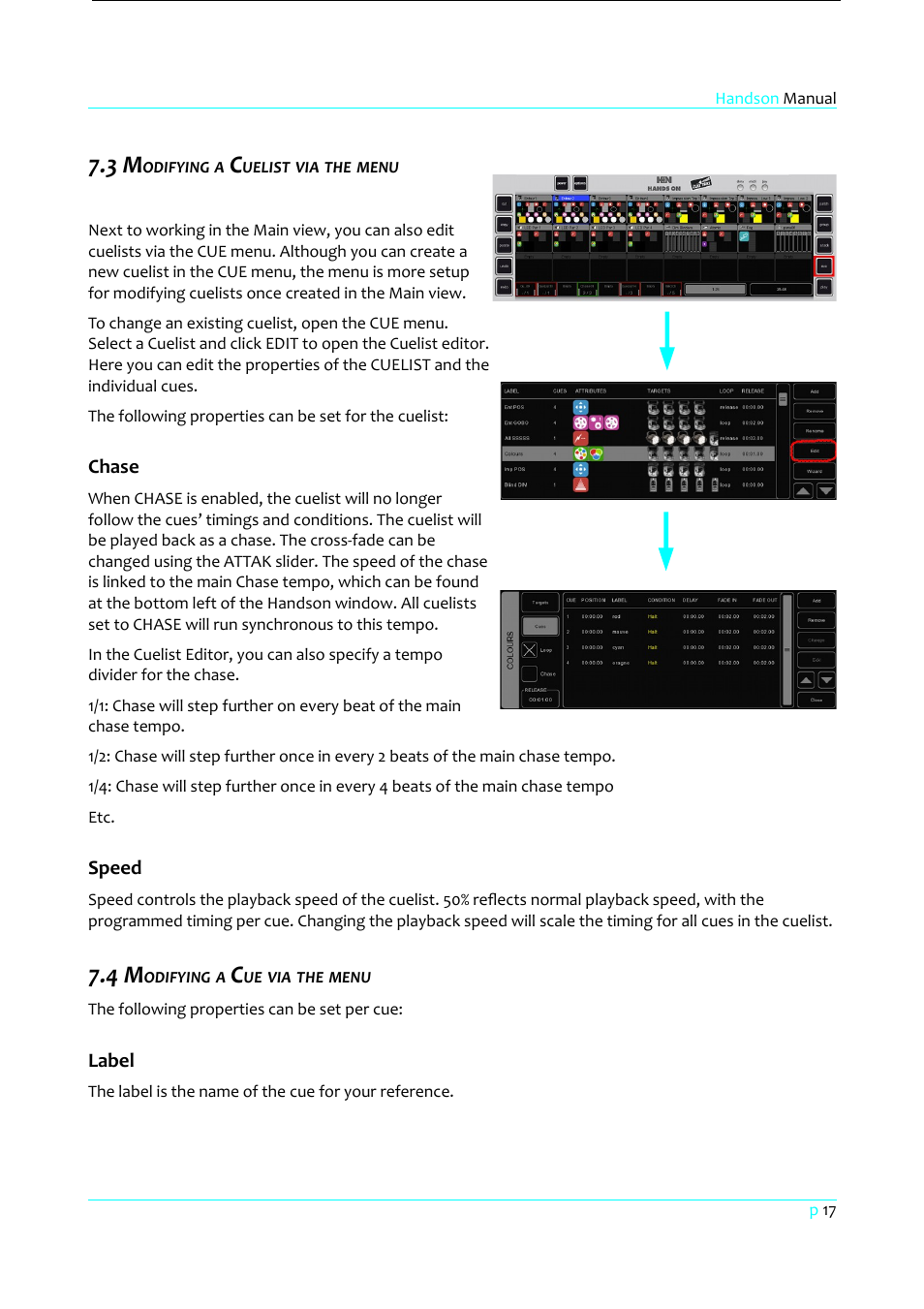 3 modifying a cuelist via the menu, Chase, Speed | 4 modifying a cue via the menu, Label | Clay Paky HandsOn User Manual | Page 18 / 46