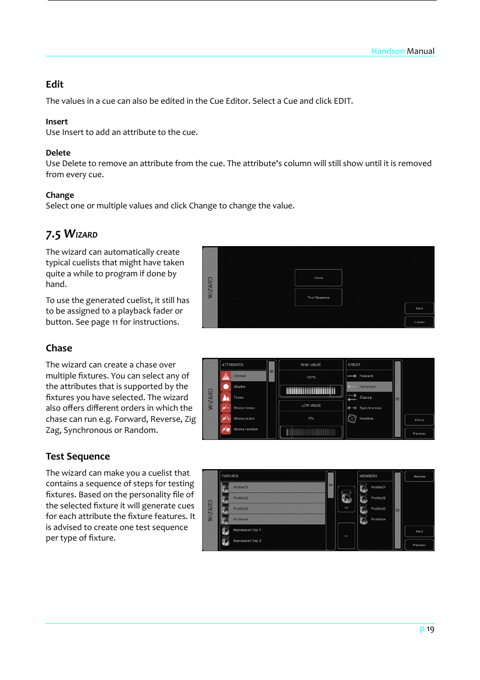 Edit, Insert, Delete | Change, 5 wizard, Chase, Test sequence | Clay Paky HandsOn User Manual | Page 20 / 46