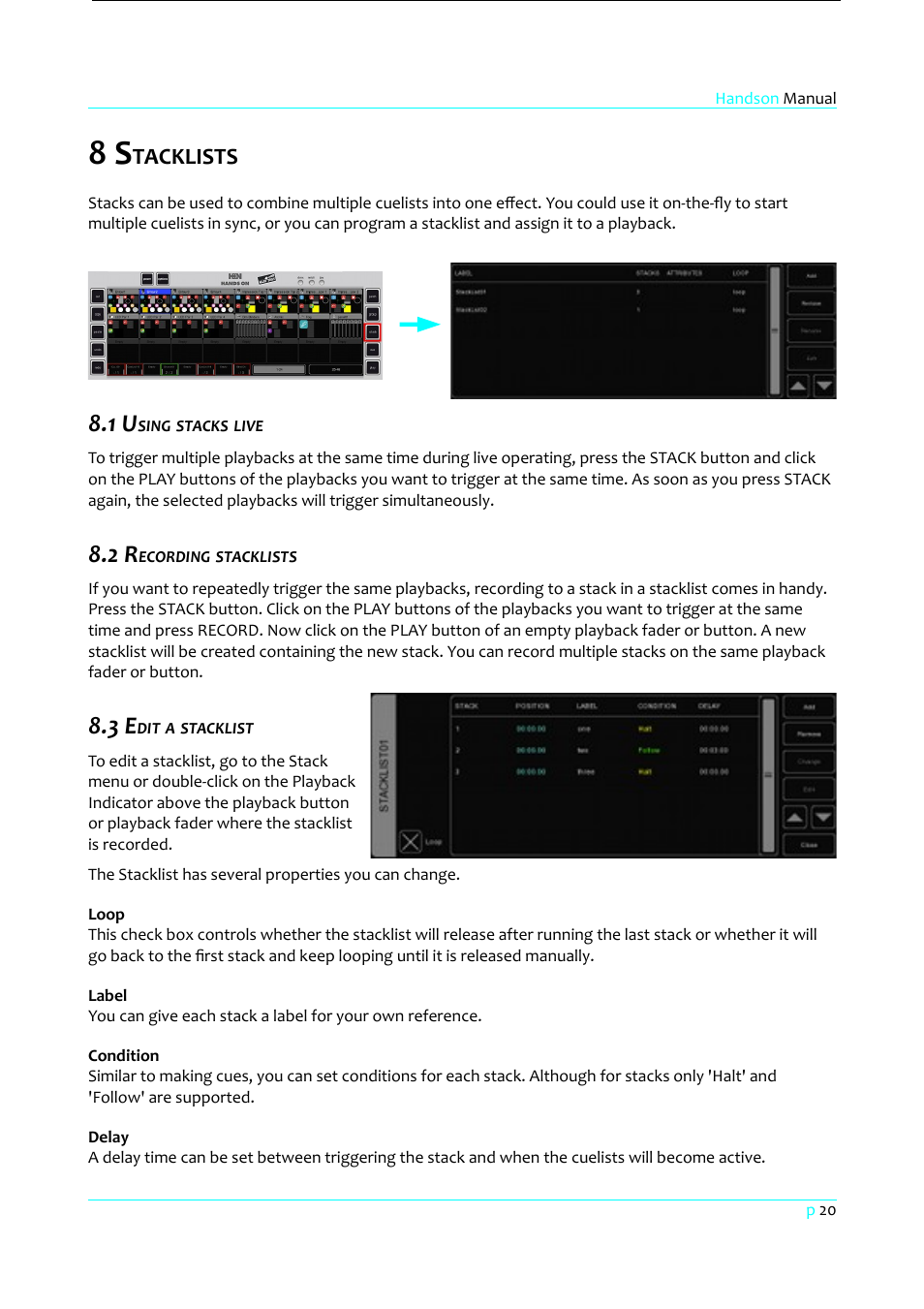 8 stacklists, 1 using stacks live, 2 recording stacklists | 3 edit a stacklist, Loop, Label, Condition, Delay, Tacklists | Clay Paky HandsOn User Manual | Page 21 / 46